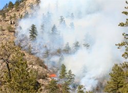 Flames climb through rocky terrain just before noon on Saturday